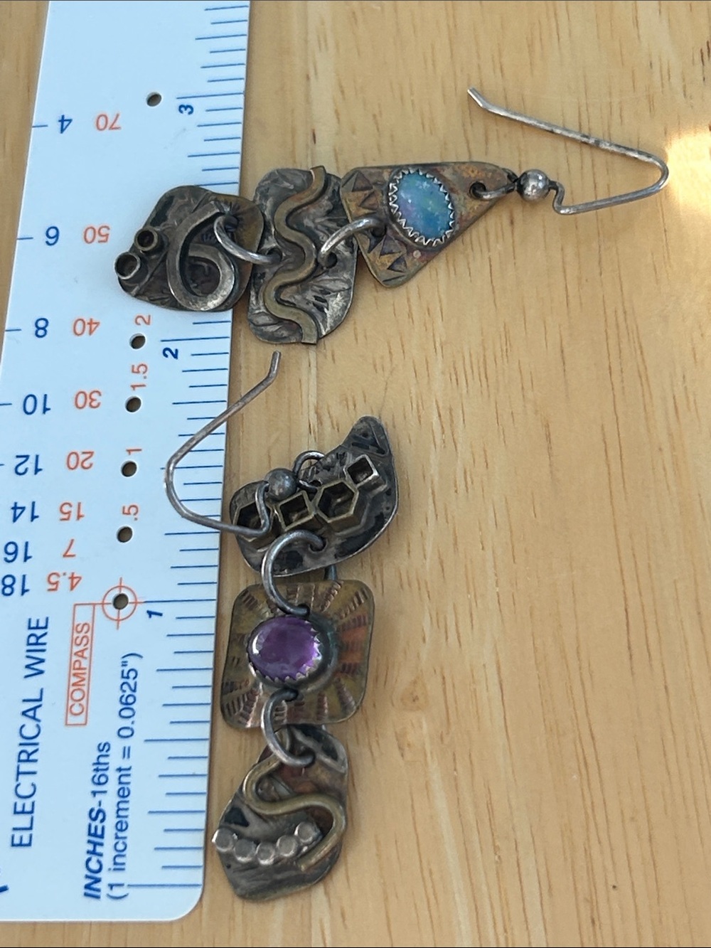 Opal and Purple Amethyst Artisan 925 Mixed-Metal Dangle Earrings (E1) - Picture 10 of 10